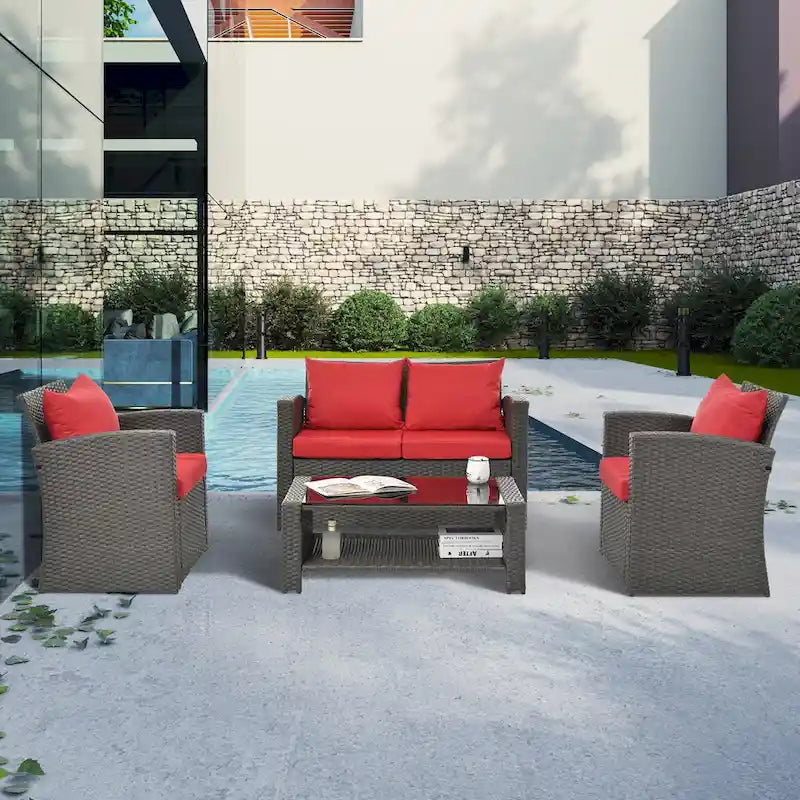 Ensemble de conversation 4 pièces rouge pour patio extérieur