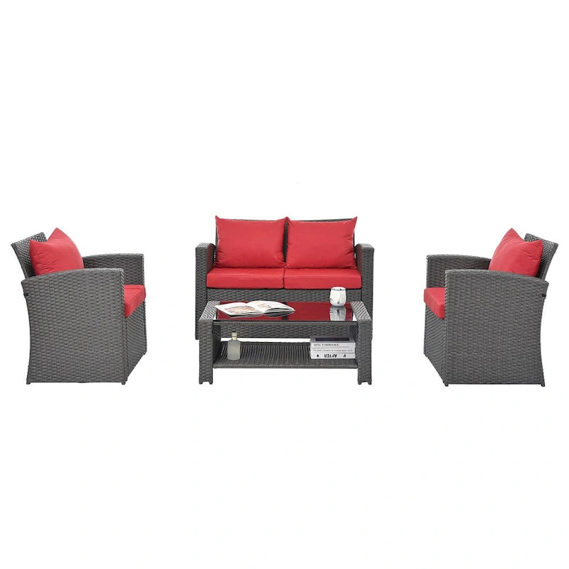 Ensemble de conversation 4 pièces rouge pour patio extérieur