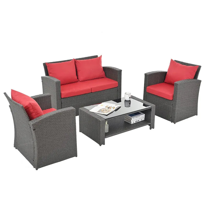 Ensemble de conversation 4 pièces rouge pour patio extérieur