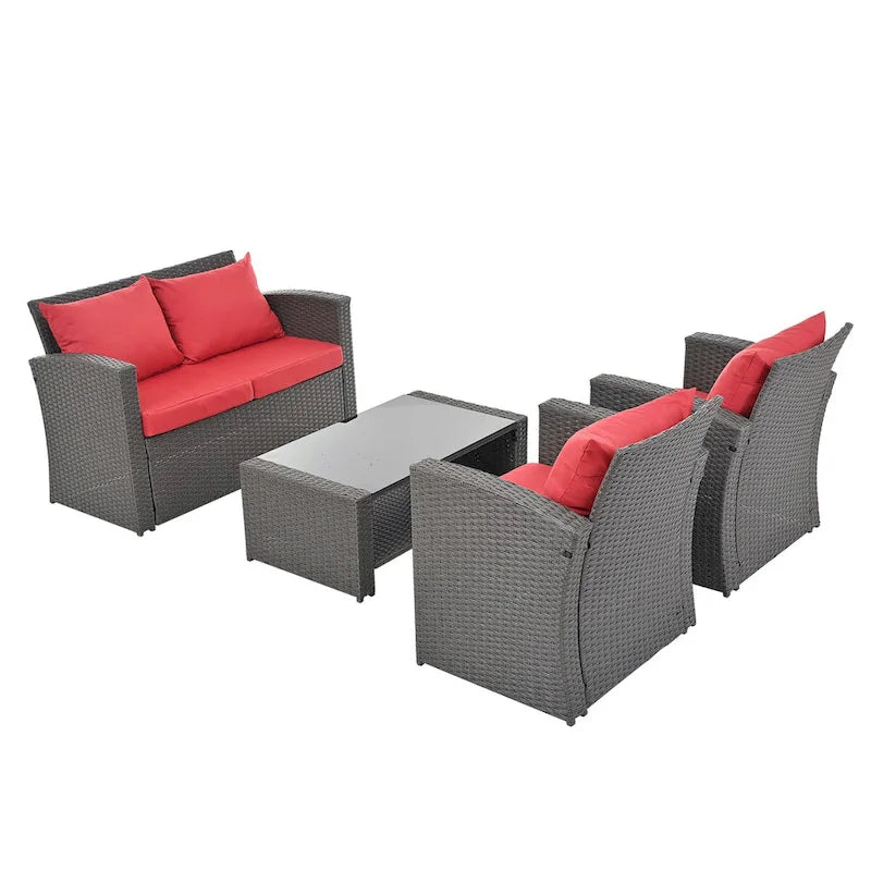 Ensemble de conversation 4 pièces rouge pour patio extérieur