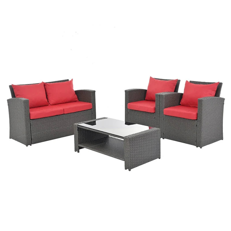 Ensemble de conversation 4 pièces rouge pour patio extérieur