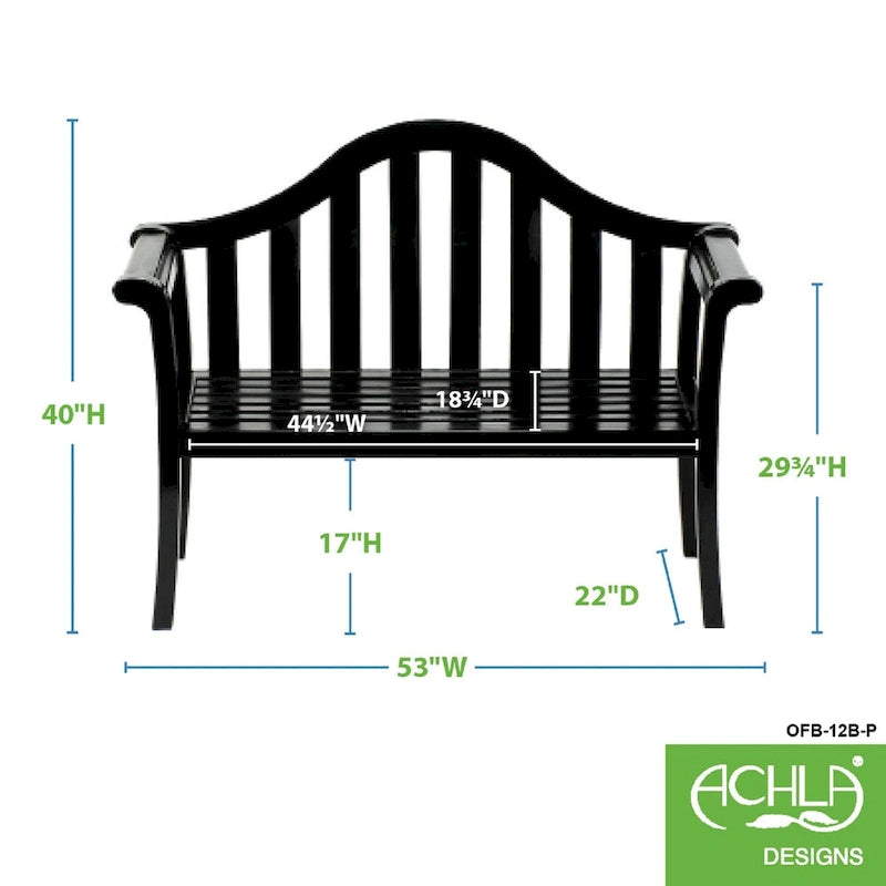 Banc de jardin d'intérieur/extérieur noir en bois Achla Designs 134 cm à dossier galbé, pour terrasse ou véranda