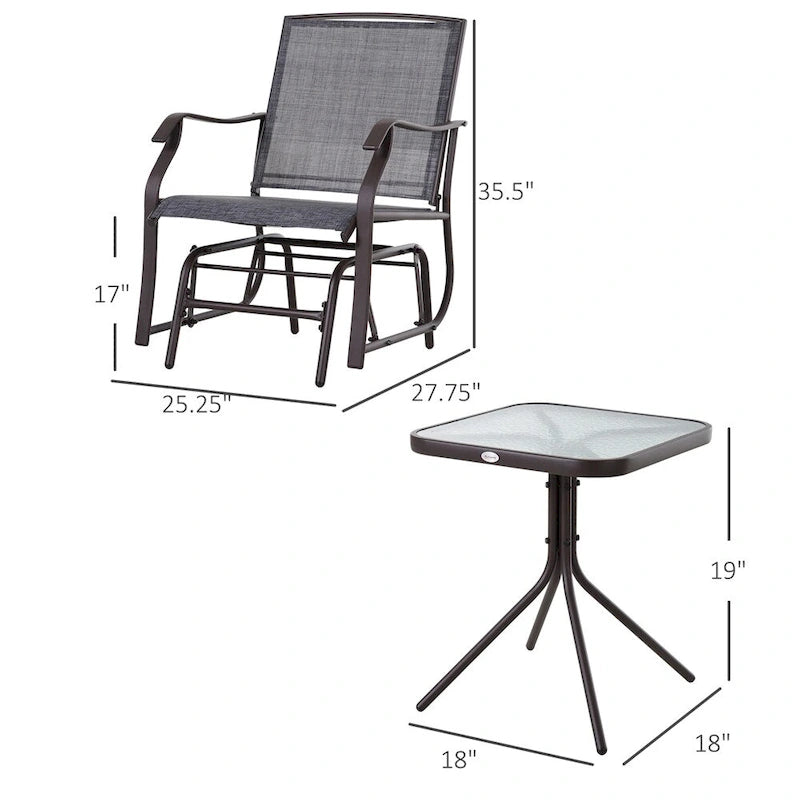 Ensemble de 3 fauteuils planeurs d'extérieur avec table basse et tissu respirant