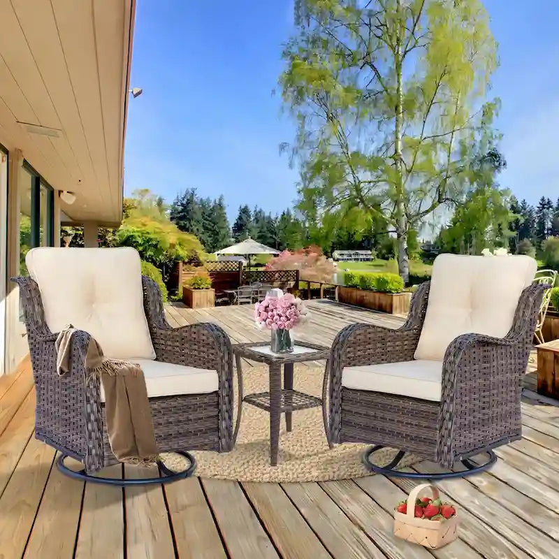 Ensemble de 3 pièces de mobilier de terrasse extérieur en osier avec 2 fauteuils pivotants à dossier haut