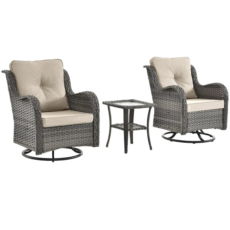 Ensemble de 3 pièces de mobilier de terrasse extérieur en osier avec 2 fauteuils pivotants à dossier haut