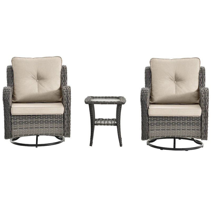 Ensemble de 3 pièces de mobilier de terrasse extérieur en osier avec 2 fauteuils pivotants à dossier haut
