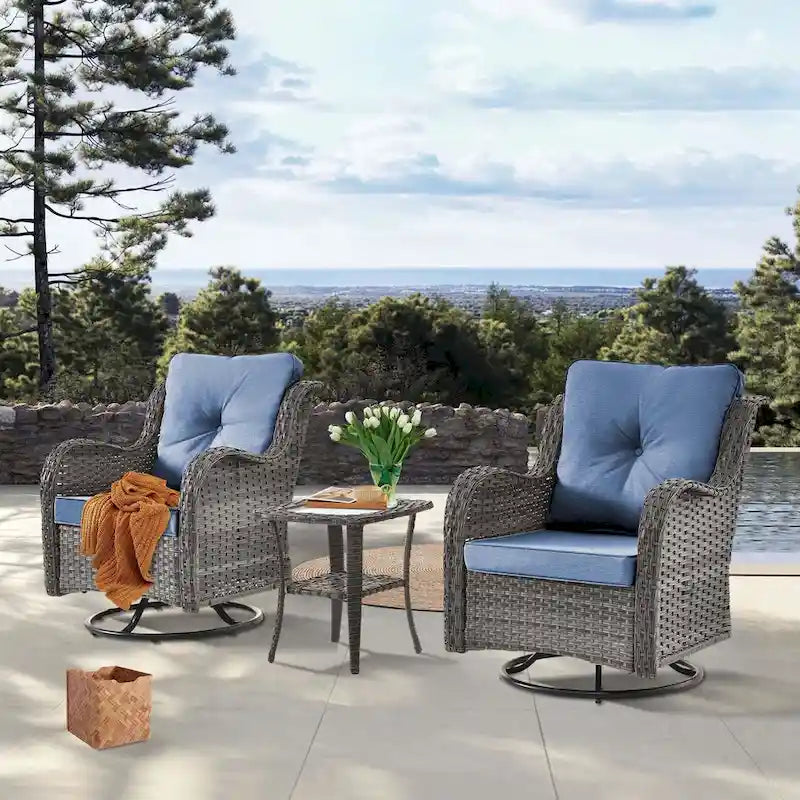 Ensemble de 3 pièces de mobilier de terrasse extérieur en osier avec 2 fauteuils pivotants à dossier haut