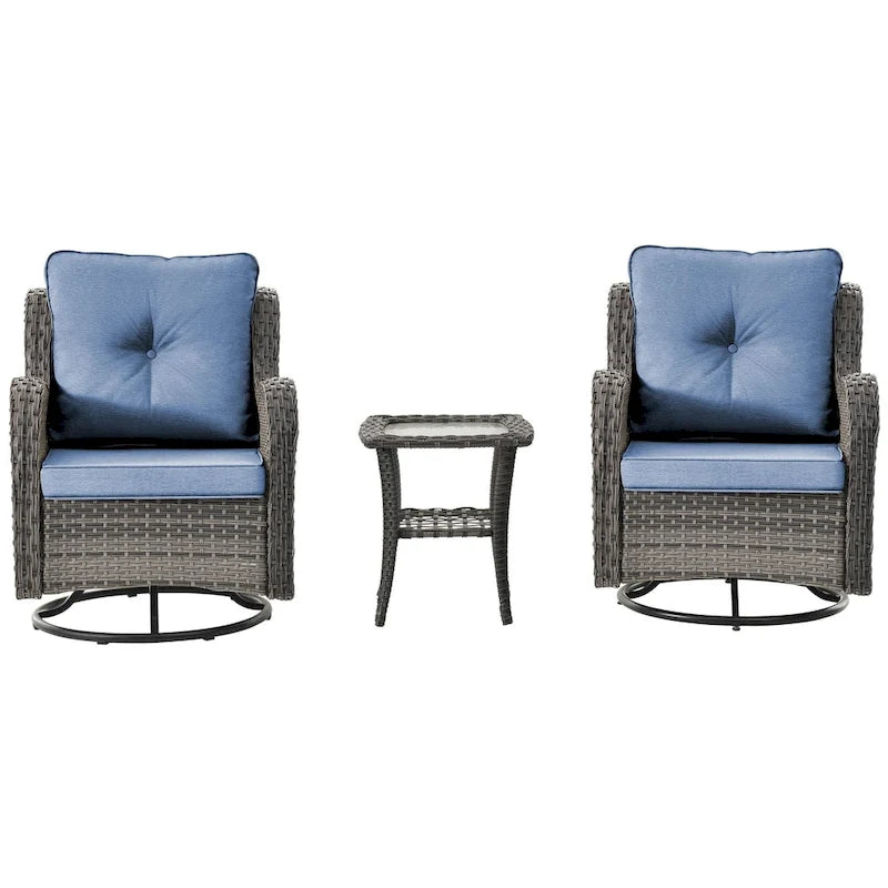 Ensemble de 3 pièces de mobilier de terrasse extérieur en osier avec 2 fauteuils pivotants à dossier haut