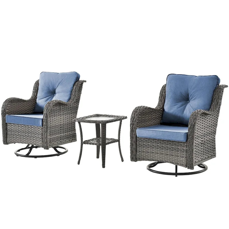 Ensemble de 3 pièces de mobilier de terrasse extérieur en osier avec 2 fauteuils pivotants à dossier haut