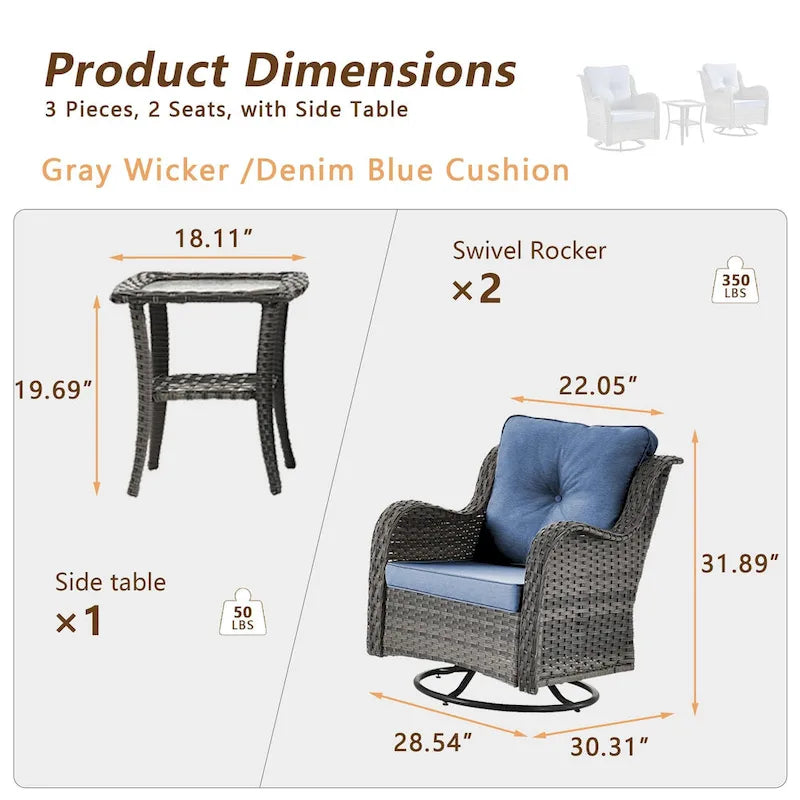 Ensemble de 3 pièces de mobilier de terrasse extérieur en osier avec 2 fauteuils pivotants à dossier haut