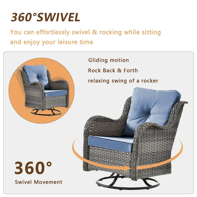Ensemble de 3 pièces de mobilier de terrasse extérieur en osier avec 2 fauteuils pivotants à dossier haut