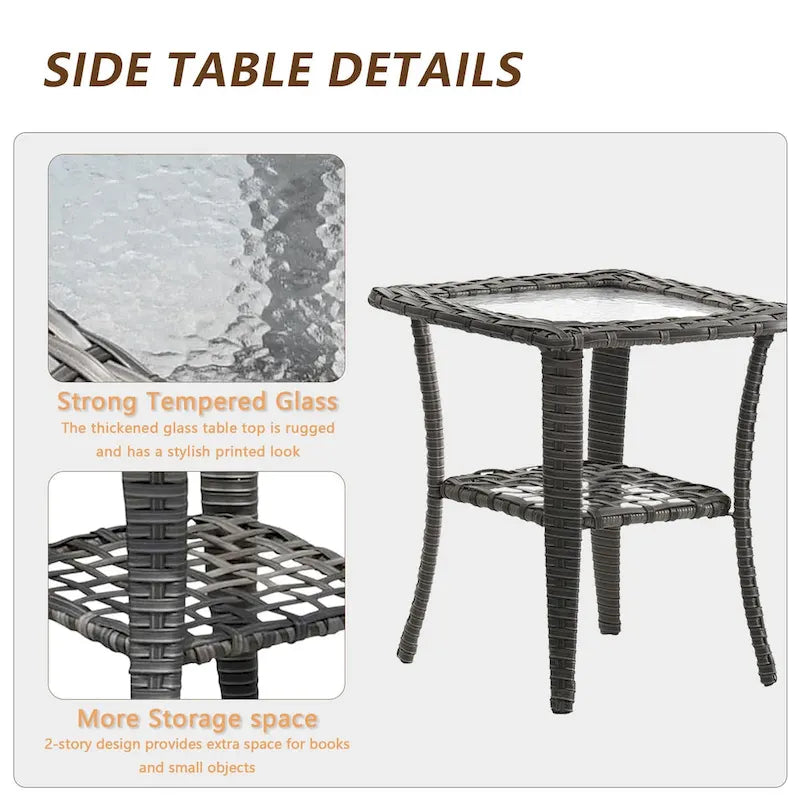 Ensemble de 3 pièces de mobilier de terrasse extérieur en osier avec 2 fauteuils pivotants à dossier haut