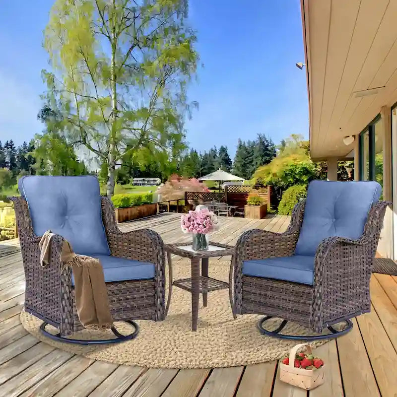 Ensemble de 3 pièces de mobilier de terrasse extérieur en osier avec 2 fauteuils pivotants à dossier haut