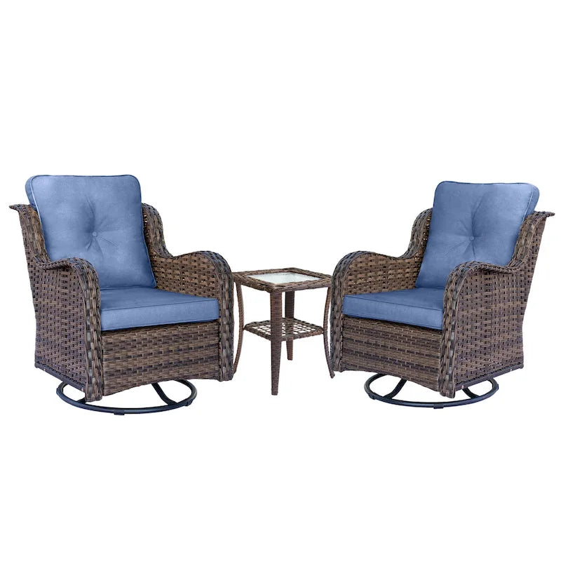 Ensemble de 3 pièces de mobilier de terrasse extérieur en osier avec 2 fauteuils pivotants à dossier haut