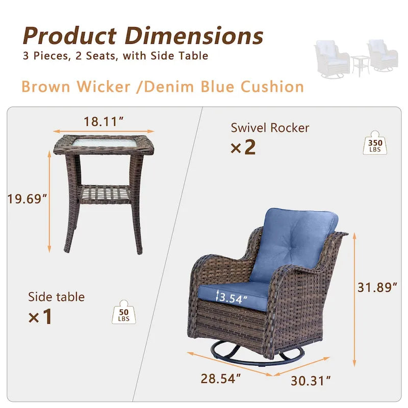 Ensemble de 3 pièces de mobilier de terrasse extérieur en osier avec 2 fauteuils pivotants à dossier haut