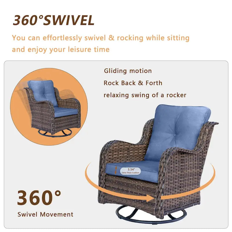Ensemble de 3 pièces de mobilier de terrasse extérieur en osier avec 2 fauteuils pivotants à dossier haut