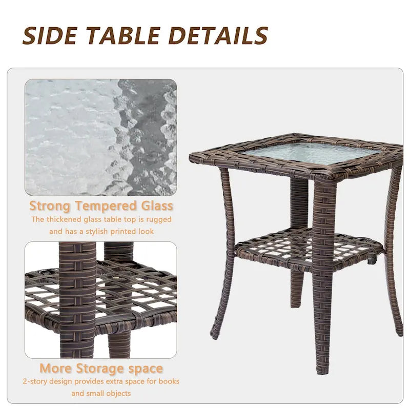 Ensemble de 3 pièces de mobilier de terrasse extérieur en osier avec 2 fauteuils pivotants à dossier haut