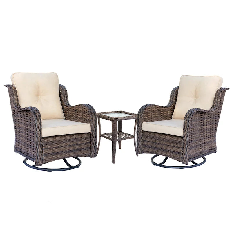Ensemble de 3 pièces de mobilier de terrasse extérieur en osier avec 2 fauteuils pivotants à dossier haut