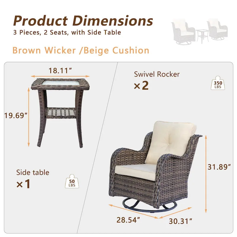 Ensemble de 3 pièces de mobilier de terrasse extérieur en osier avec 2 fauteuils pivotants à dossier haut