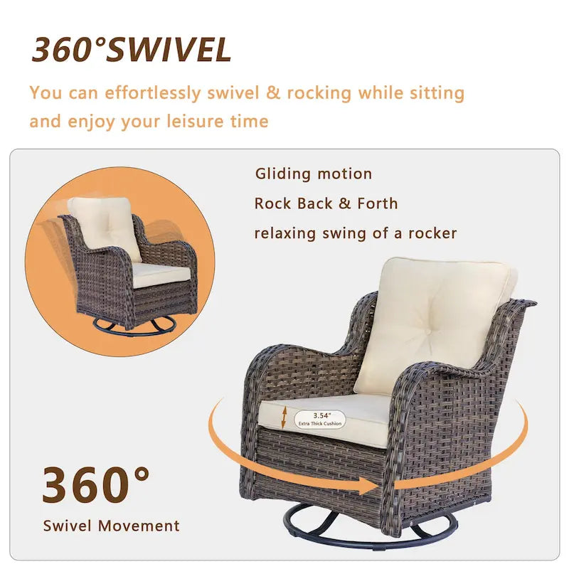 Ensemble de 3 pièces de mobilier de terrasse extérieur en osier avec 2 fauteuils pivotants à dossier haut