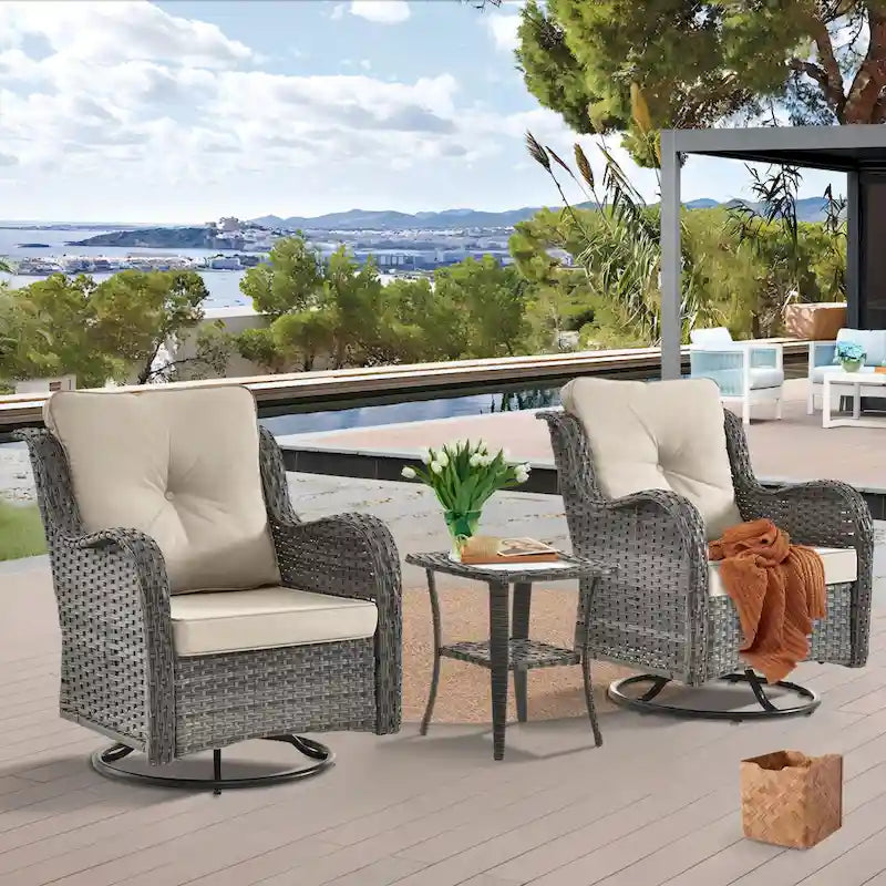 Ensemble de 3 pièces de mobilier de terrasse extérieur en osier avec 2 fauteuils pivotants à dossier haut
