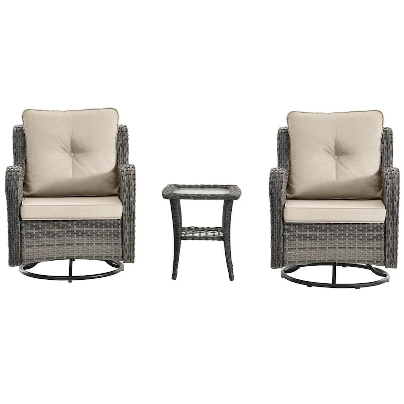 Ensemble de 3 pièces de mobilier de terrasse extérieur en osier avec 2 fauteuils pivotants à dossier haut