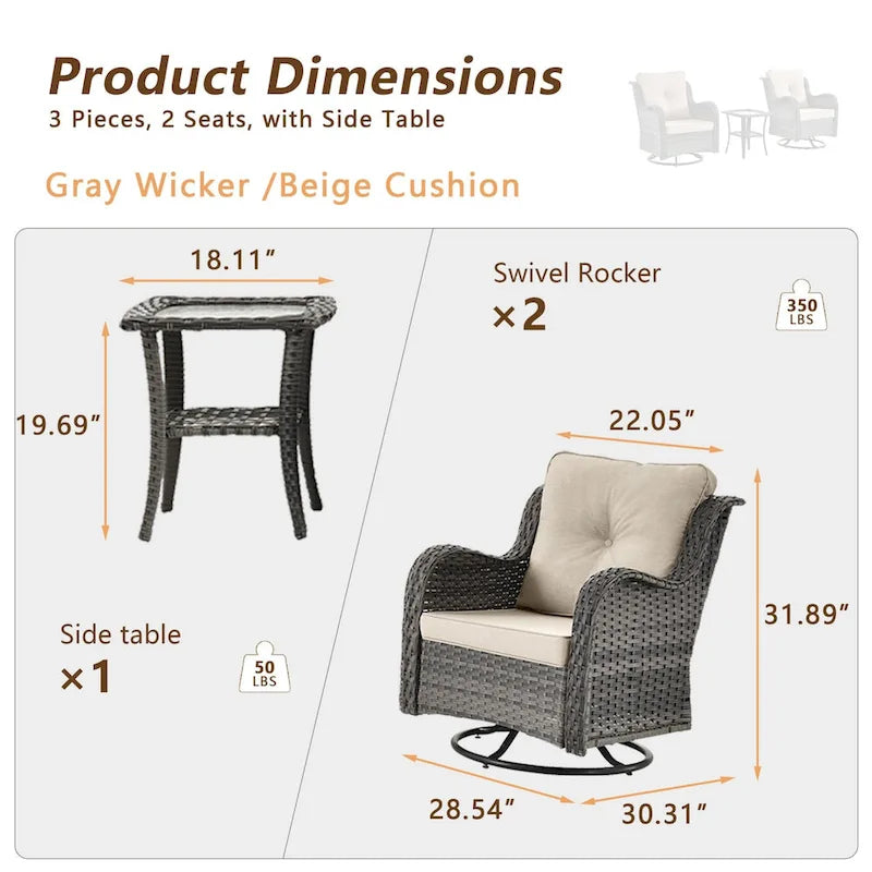 Ensemble de 3 pièces de mobilier de terrasse extérieur en osier avec 2 fauteuils pivotants à dossier haut