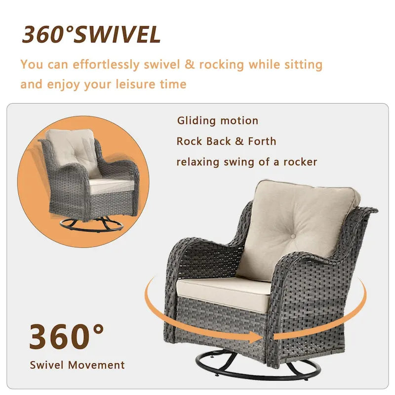 Ensemble de 3 pièces de mobilier de terrasse extérieur en osier avec 2 fauteuils pivotants à dossier haut