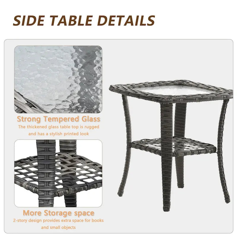 Ensemble de 3 pièces de mobilier de terrasse extérieur en osier avec 2 fauteuils pivotants à dossier haut
