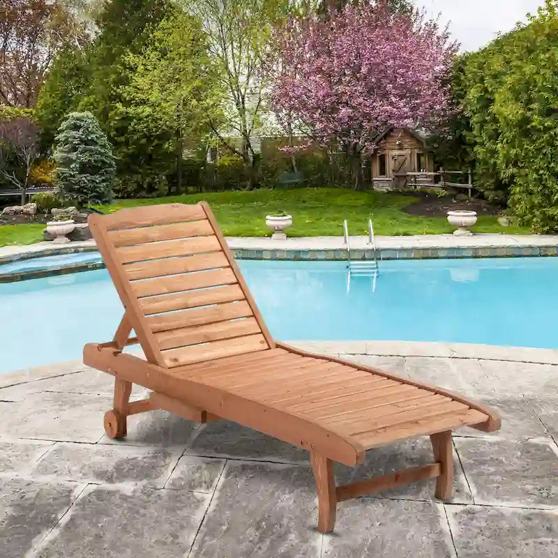 Outdoor Chaise Lounge Pool Chair, Built-In Table, Rolling Wheels