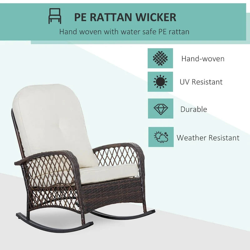 Fauteuil à bascule extérieur en osier avec siège large, cadre en acier
