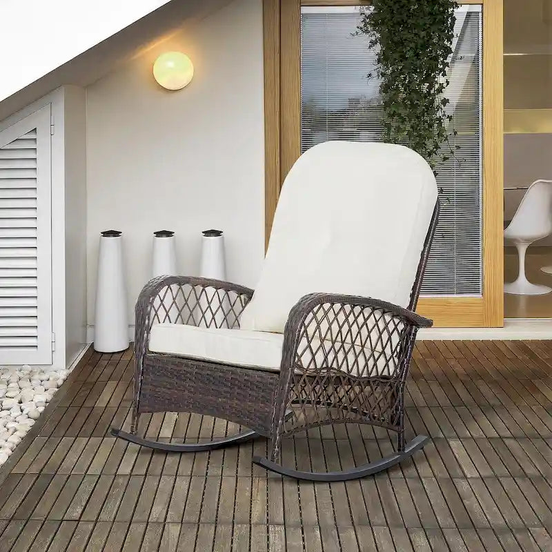 Fauteuil à bascule extérieur en osier avec siège large, cadre en acier