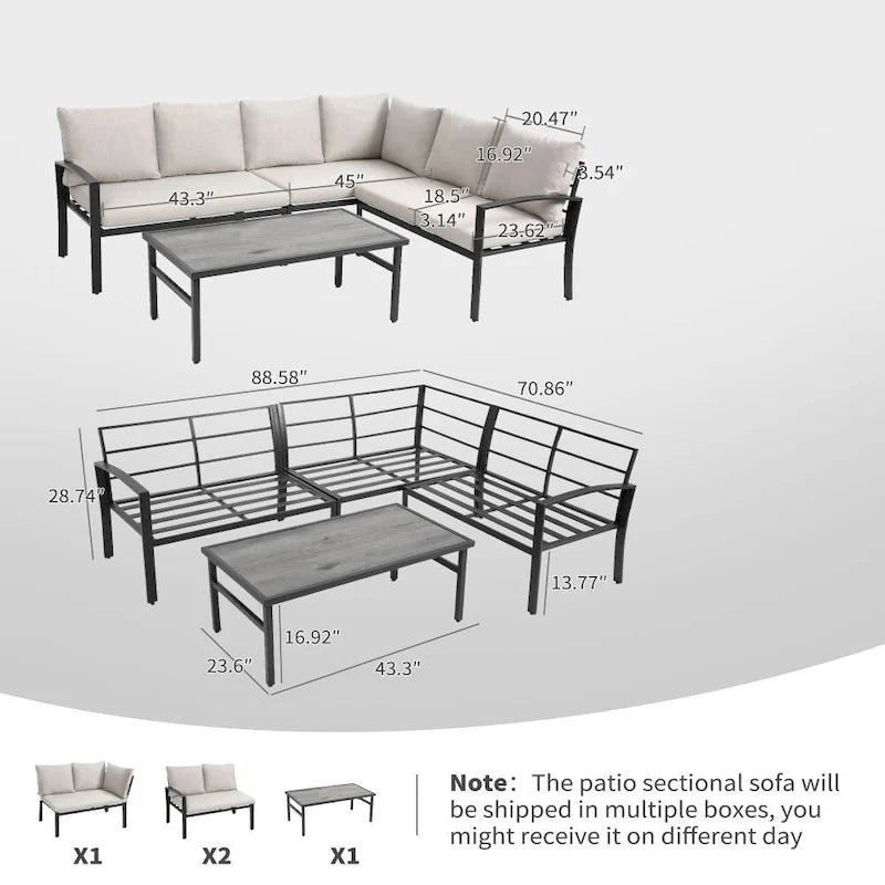 Ensemble de mobilier de patio en acier 4 pièces avec coussins beiges et table basse