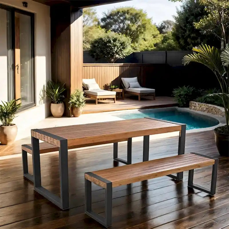 3 Pieces Patio Wood Top Dining Set with 2 Benches and Steel Frame