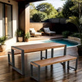 3 Pieces Patio Wood Top Dining Set with 2 Benches and Steel Frame