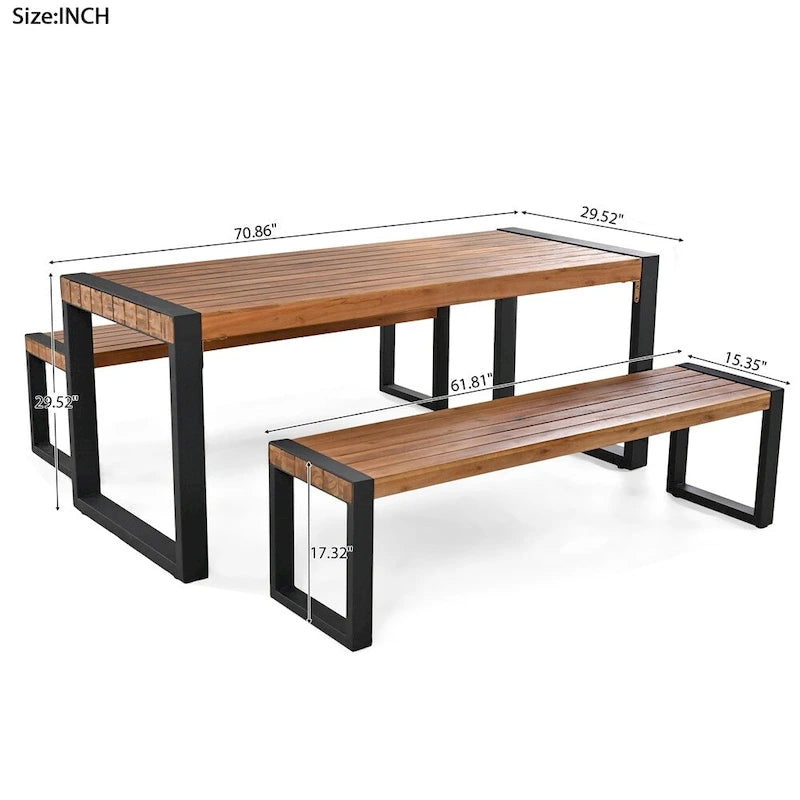 Ensemble de salle à manger 3 pièces pour terrasse avec plateau en bois, 2 bancs et cadre en acier