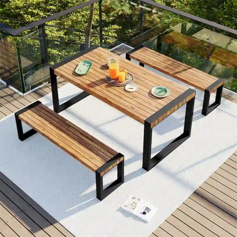 Ensemble de salle à manger 3 pièces pour terrasse avec plateau en bois, 2 bancs et cadre en acier