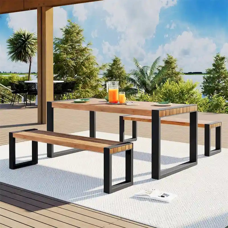 Ensemble de salle à manger 3 pièces pour terrasse avec plateau en bois, 2 bancs et cadre en acier