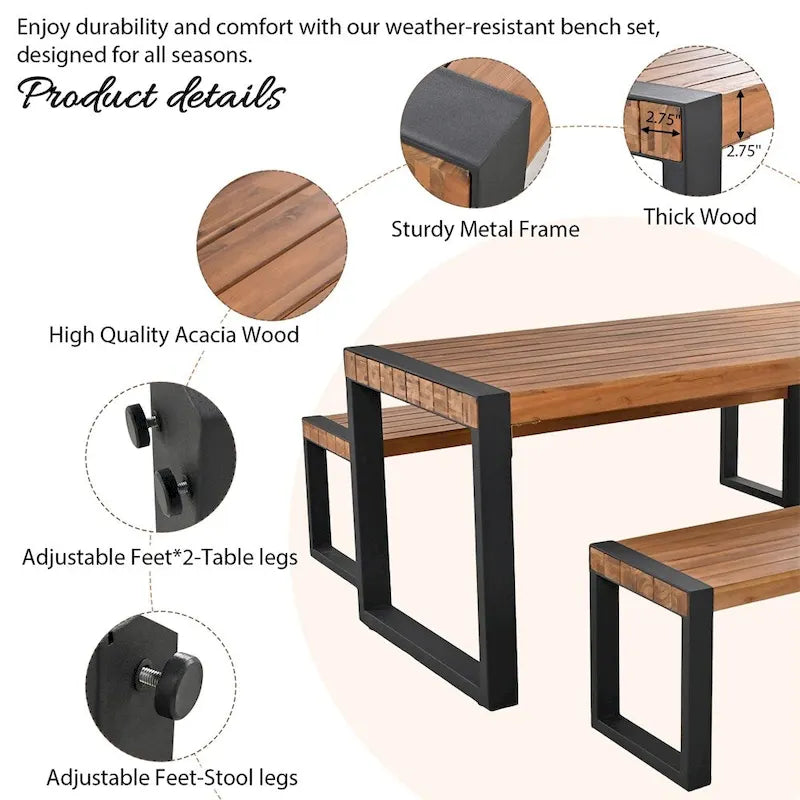 Ensemble de salle à manger 3 pièces pour terrasse avec plateau en bois, 2 bancs et cadre en acier