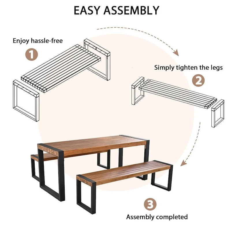 Ensemble de salle à manger 3 pièces pour terrasse avec plateau en bois, 2 bancs et cadre en acier