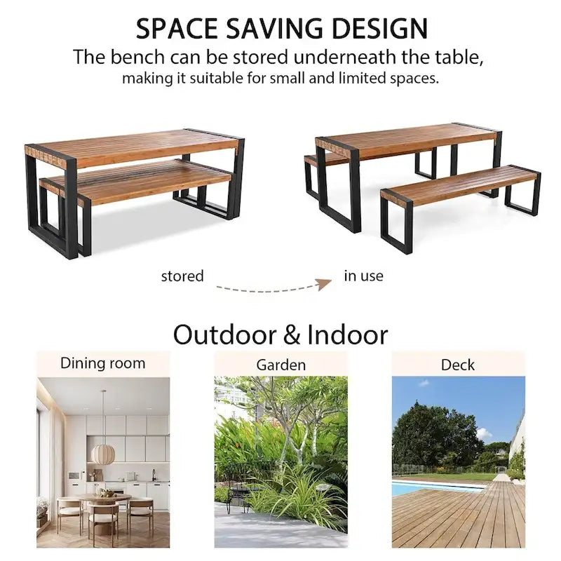 Ensemble de salle à manger 3 pièces pour terrasse avec plateau en bois, 2 bancs et cadre en acier