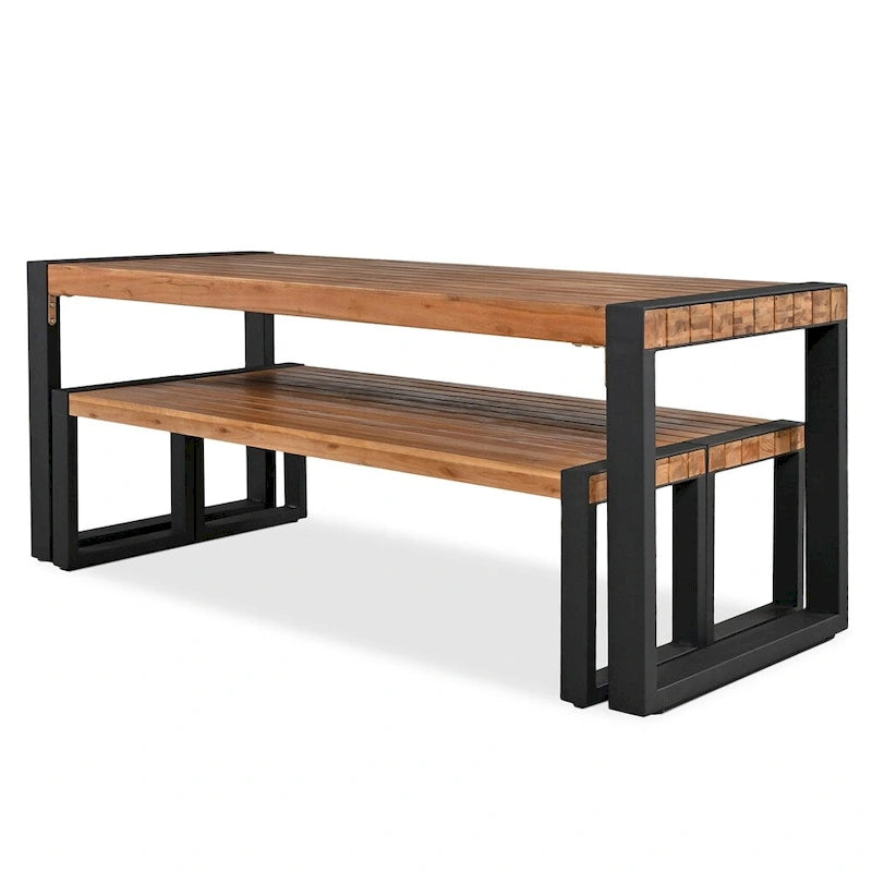 Ensemble de salle à manger 3 pièces pour terrasse avec plateau en bois, 2 bancs et cadre en acier