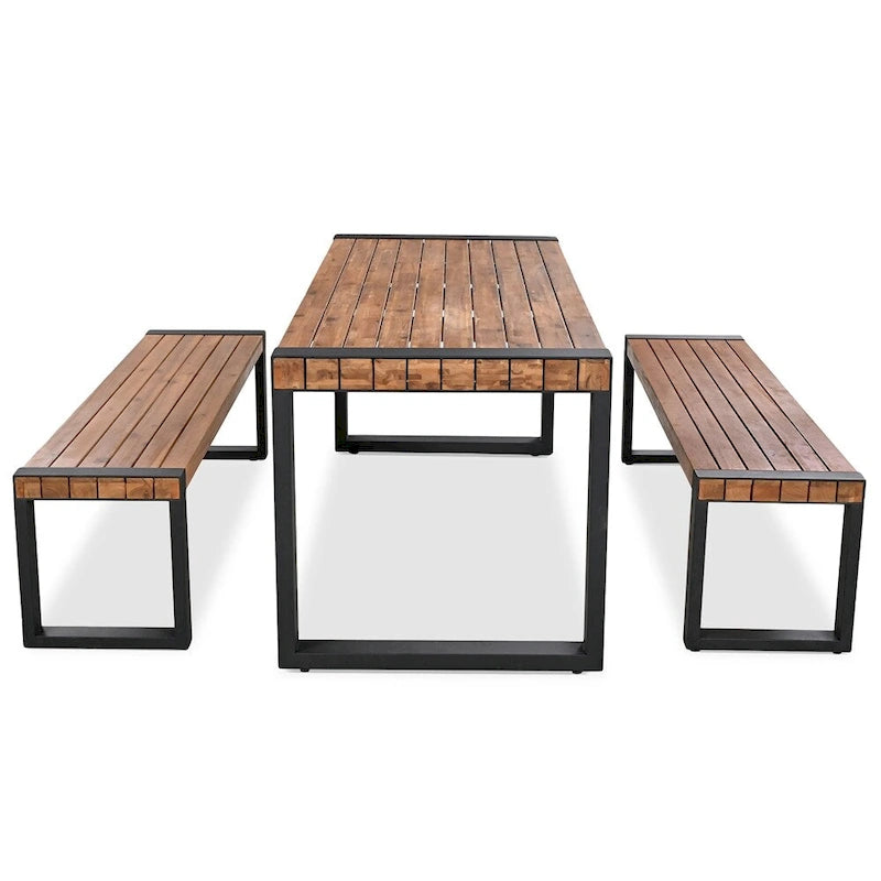Ensemble de salle à manger 3 pièces pour terrasse avec plateau en bois, 2 bancs et cadre en acier