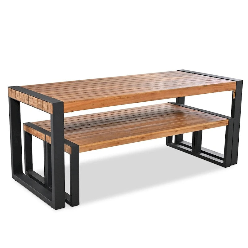 Ensemble de salle à manger 3 pièces pour terrasse avec plateau en bois, 2 bancs et cadre en acier