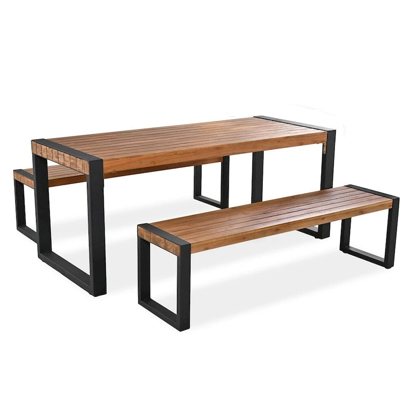 Ensemble de salle à manger 3 pièces pour terrasse avec plateau en bois, 2 bancs et cadre en acier