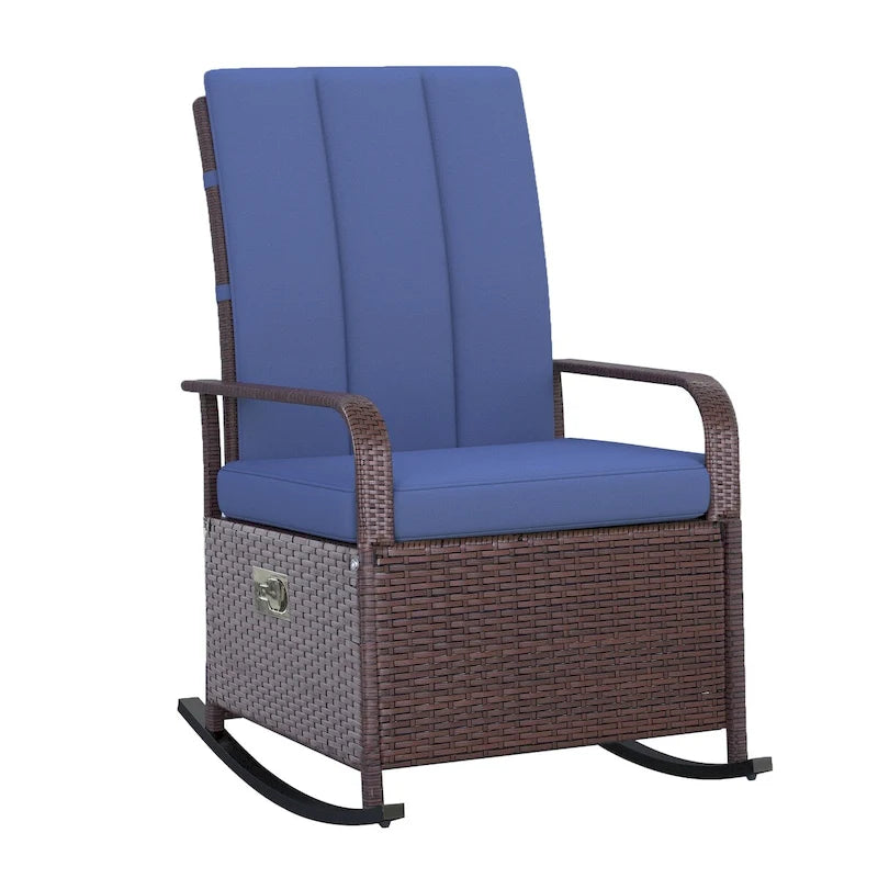 Fauteuil à bascule en osier, transat de patio avec dossier réglable, chaise longue avec repose-pieds et coussins réglables