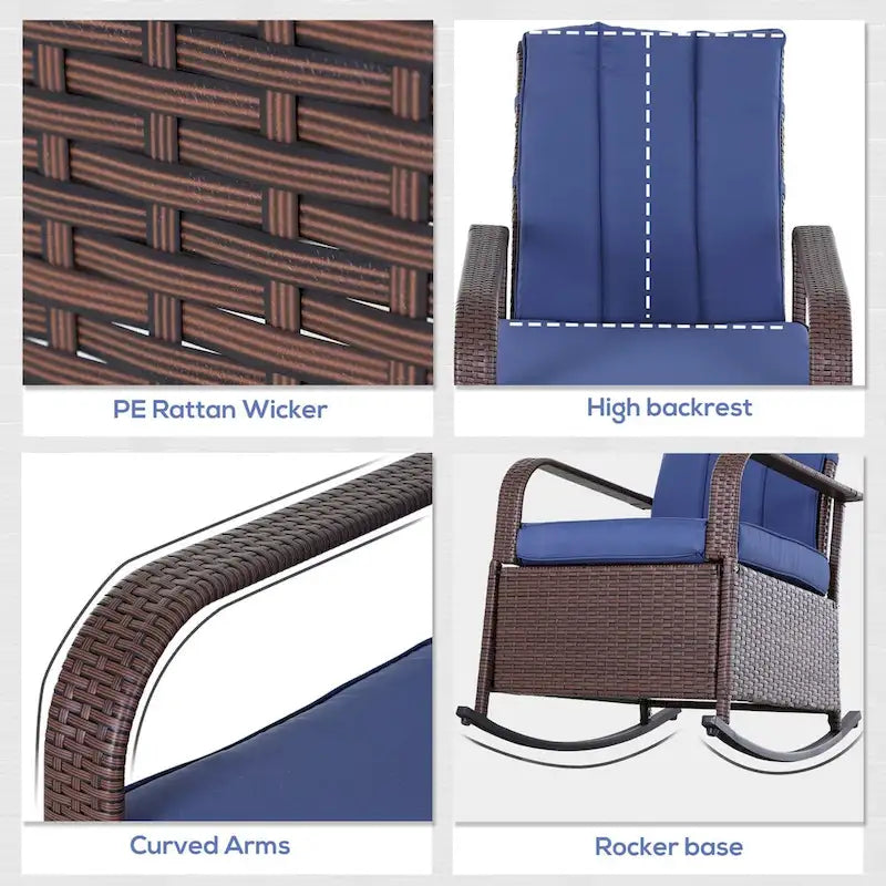 Fauteuil à bascule en osier, transat de patio avec dossier réglable, chaise longue avec repose-pieds et coussins réglables