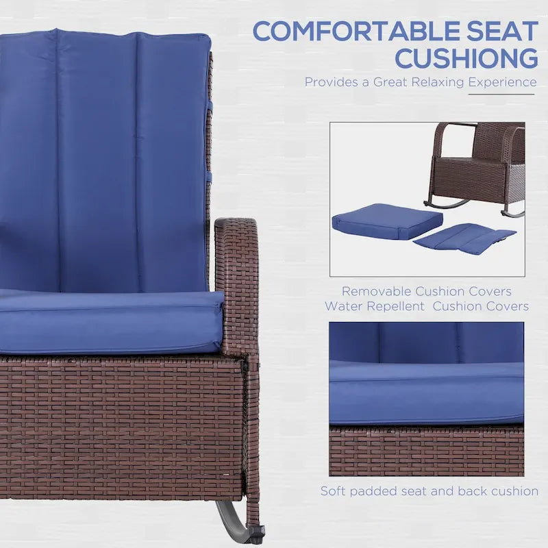 Fauteuil à bascule en osier, transat de patio avec dossier réglable, chaise longue avec repose-pieds et coussins réglables