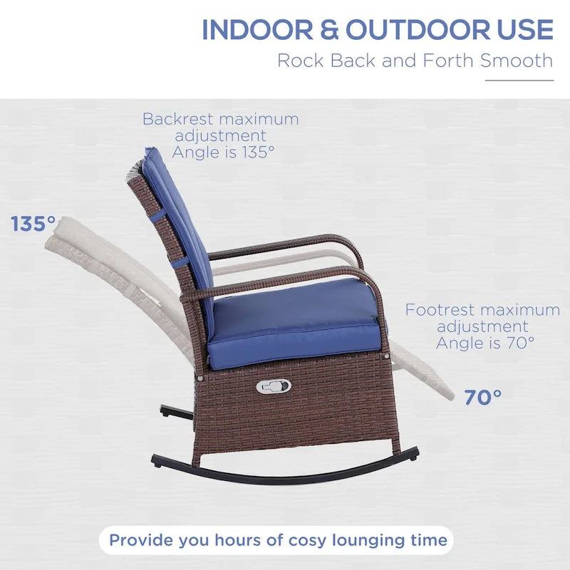Fauteuil à bascule en osier, transat de patio avec dossier réglable, chaise longue avec repose-pieds et coussins réglables