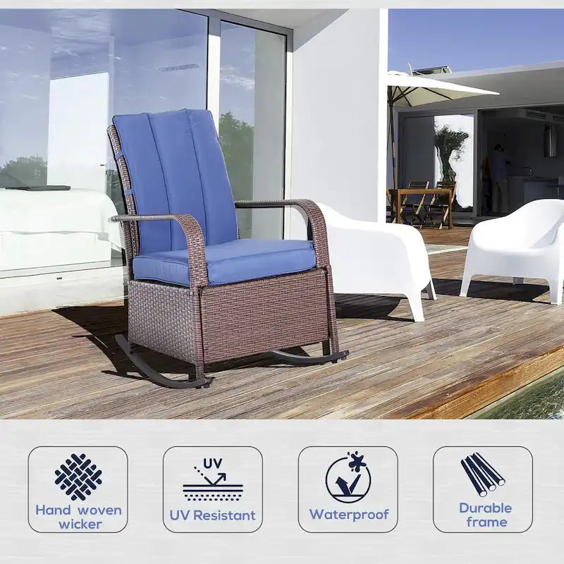 Fauteuil à bascule en osier, transat de patio avec dossier réglable, chaise longue avec repose-pieds et coussins réglables